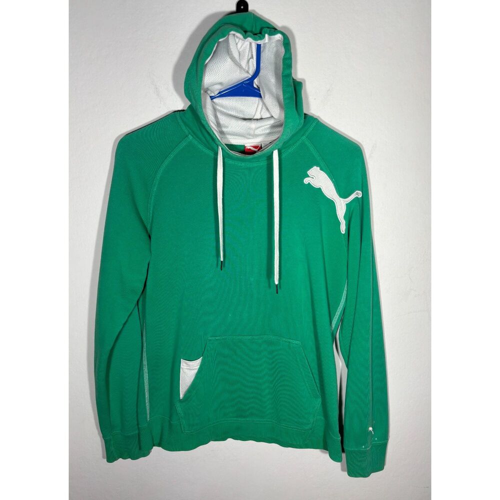 Puma Womens Hoodie Green Size Small Logo Pullover Sweatshirt Kangaroo Pocket